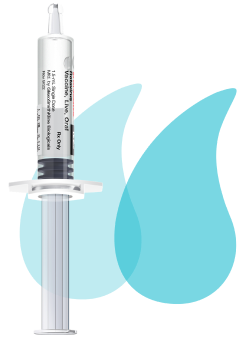 Oral applicator and two blue droplets